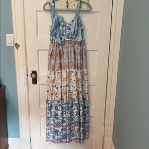 Bohemian Tie-Shoulder Tiered Maxi Dress in Light Blue and White
